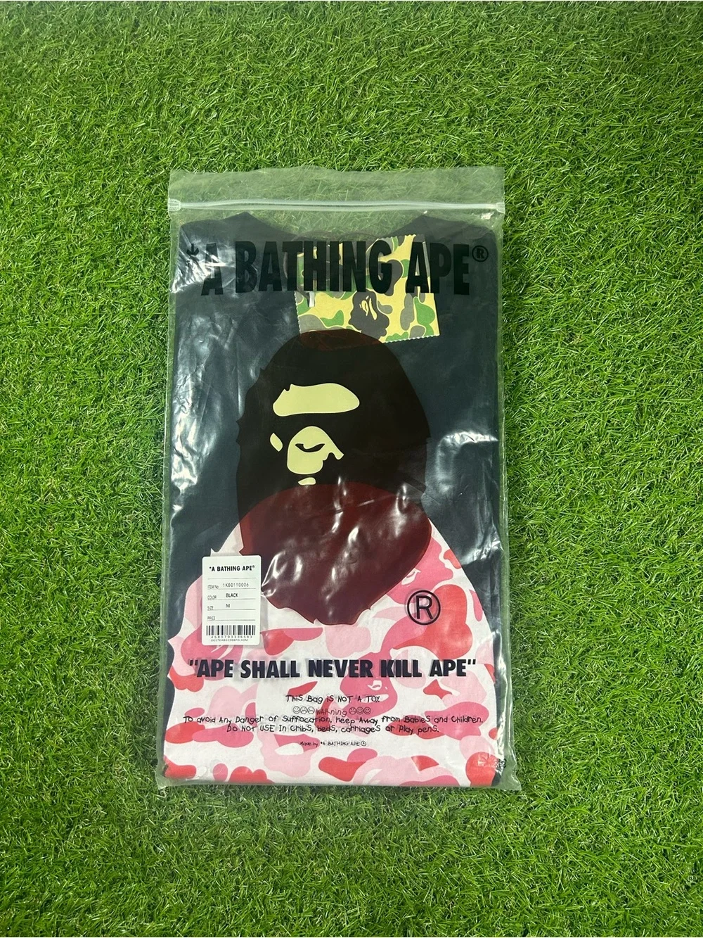 Bape Black Tee with Pink Camo Ape Logo